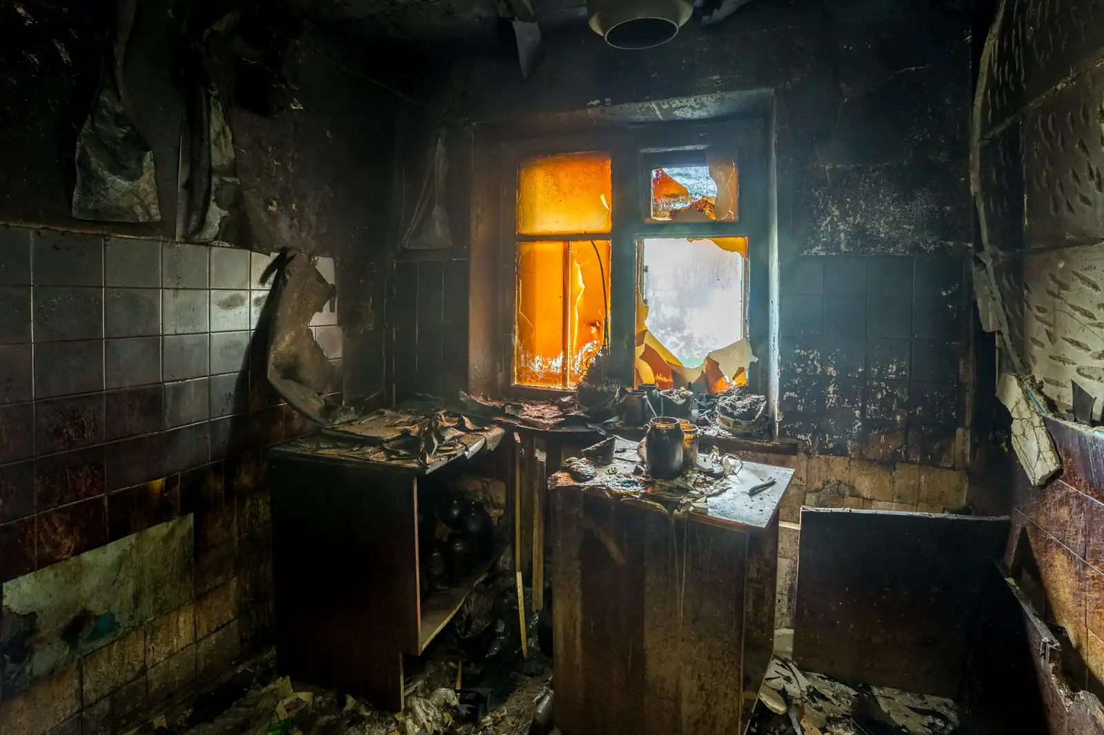 Fire damage restoration crew responding to a house fire in Downey, CA